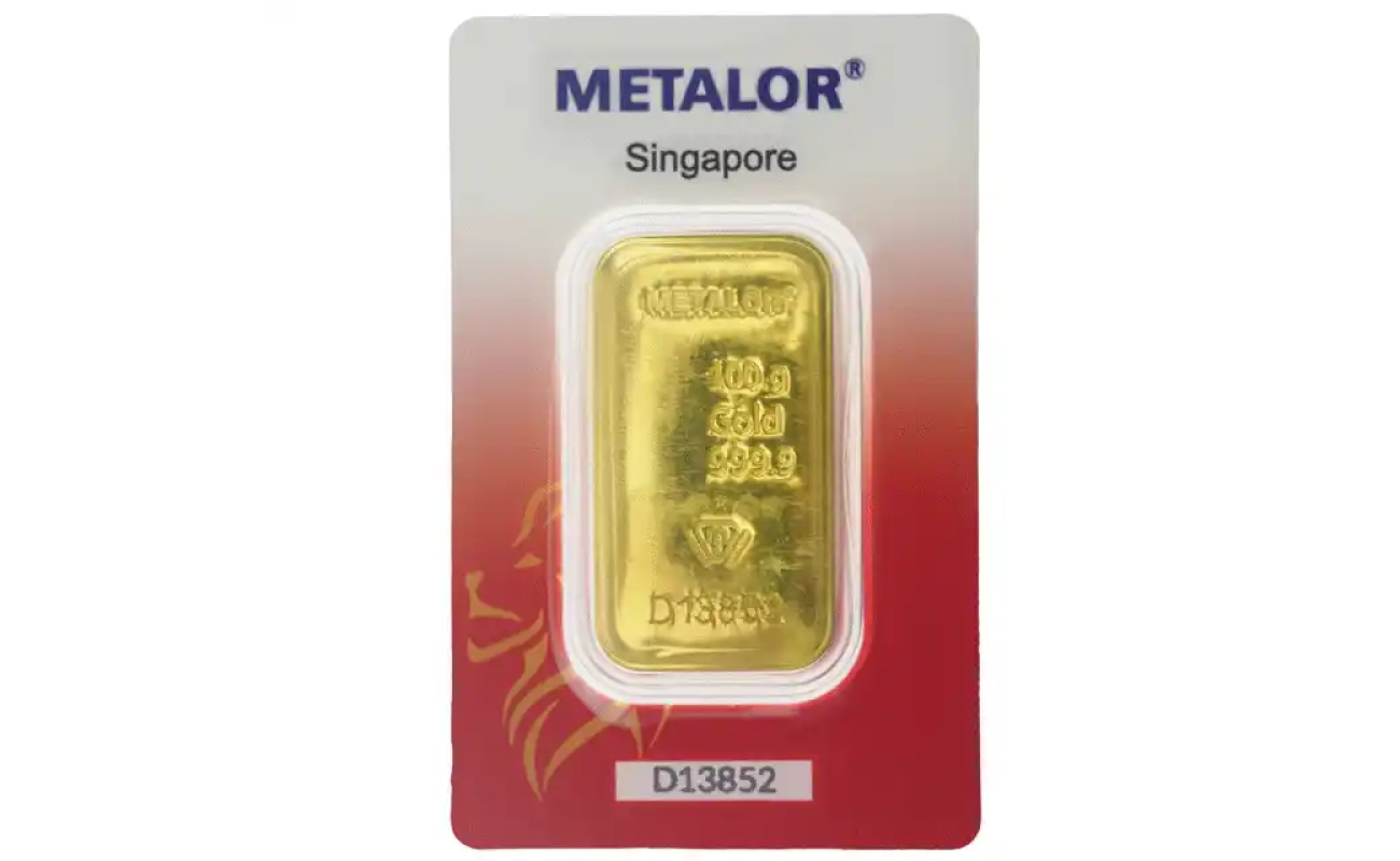 Metalor 100g cast gold bar in assay card
