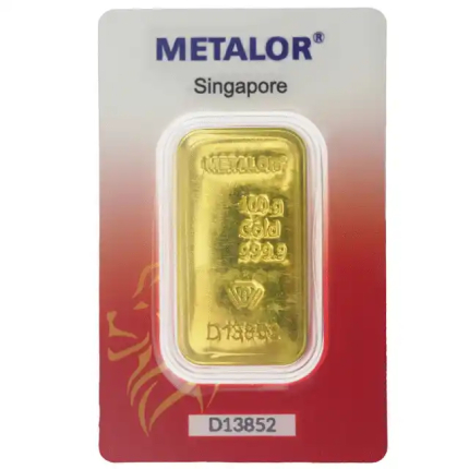 Metalor 100g cast gold bar in assay card