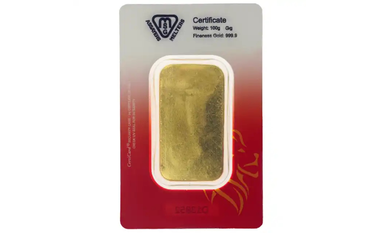 Metalor 100g1 cast gold bar in assay card