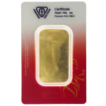 Metalor 100g1 cast gold bar in assay card