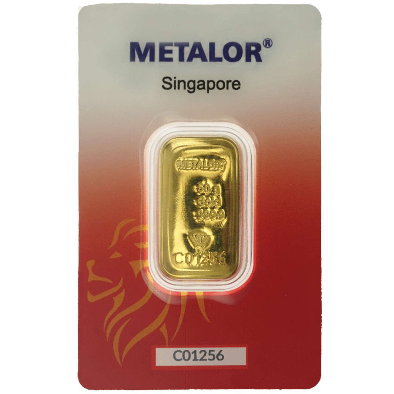 Metalor 50g Cast Gold Bar in Assay Card